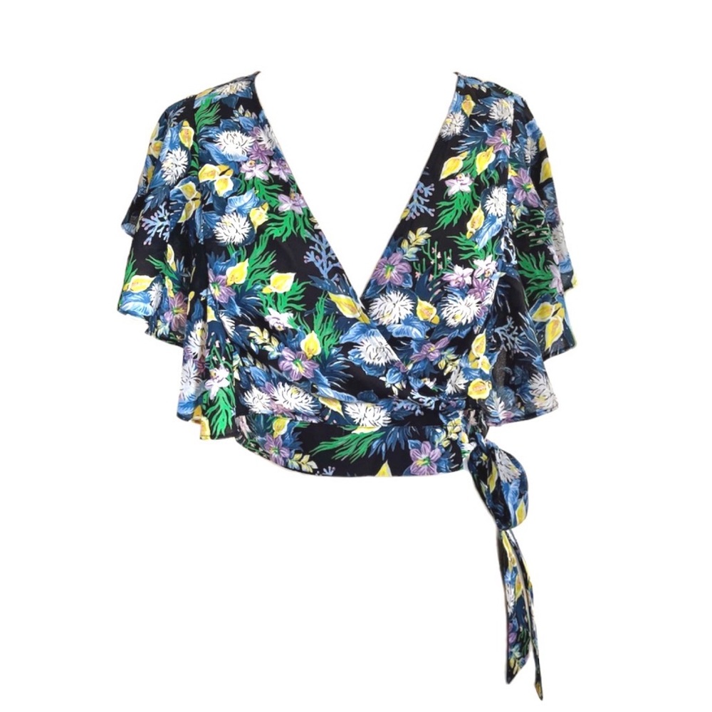 [New] Sui by Anna Sui Navy Tropical Floral Wrap Crop Top Size S
